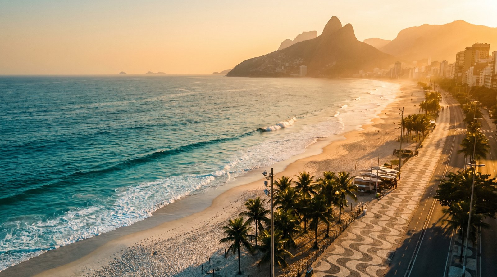 Praia de Copacabana ao pôr do sol, vista do alto